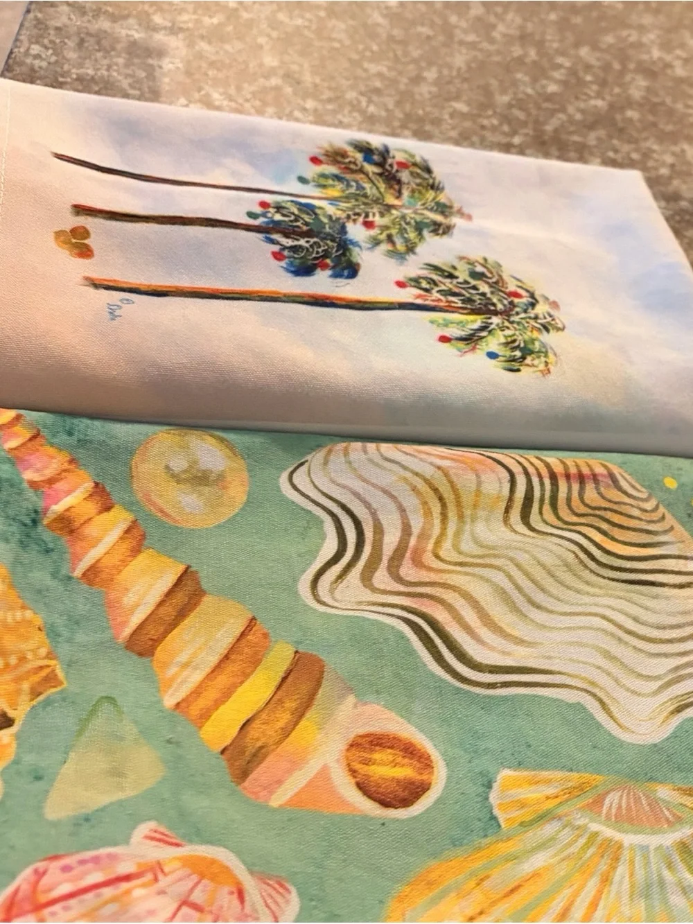 Palm Tree and Seashell Tea Towels Aqua, White, Yellow